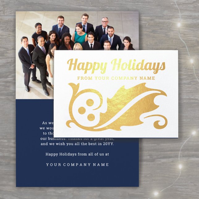 Business Photo Christmas Holly Navy Happy Holidays Foil Card (Creator Uploaded)