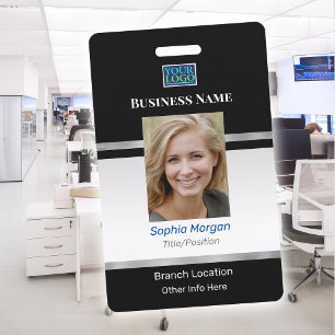Business Photo Name Logo Info, Black & Silver ID Badge