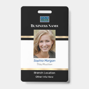Business Photo Name Logo Info, Black White Gold ID Badge