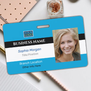 Business Photo Name Logo Info, Blue, Black & White ID Badge