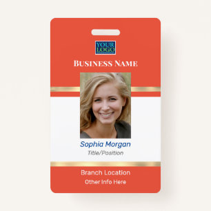 Business Photo Name Logo Info, Orange White Gold ID Badge