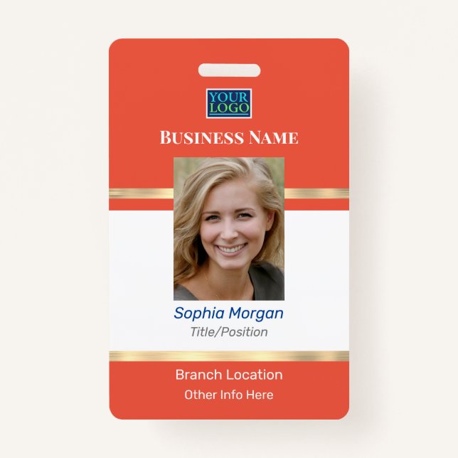 Business Photo Name Logo Info, Orange White Gold ID Badge (Front)