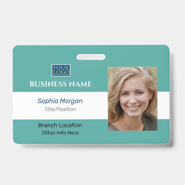 Business Photo Name Logo Info, Teal & White ID Badge (Front)