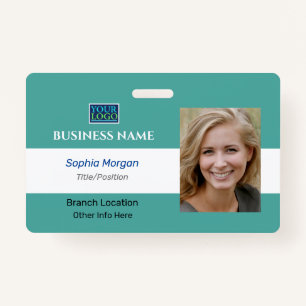 Business Photo Name Logo Info, Teal & White ID Badge