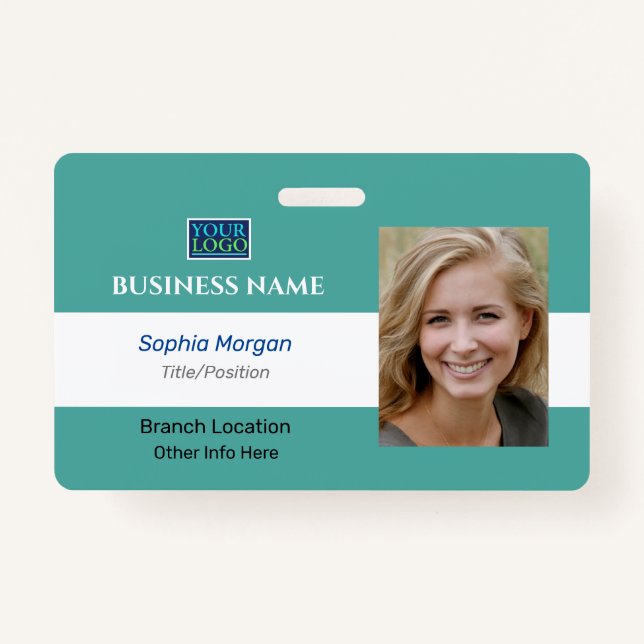 Business Photo Name Logo Info, Teal & White ID Badge (Front)