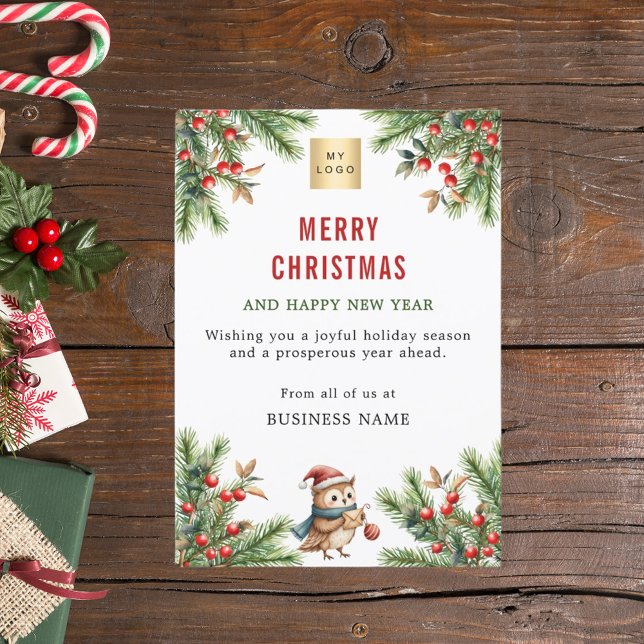 Business pine green red berries owl Christmas Holiday Card (Creator Uploaded)