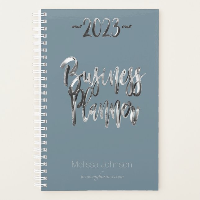 Business Planner 2023 Blue Silver Script Modern (Front)