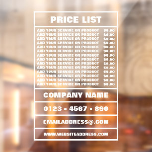 Business Price List and Information Window Cling