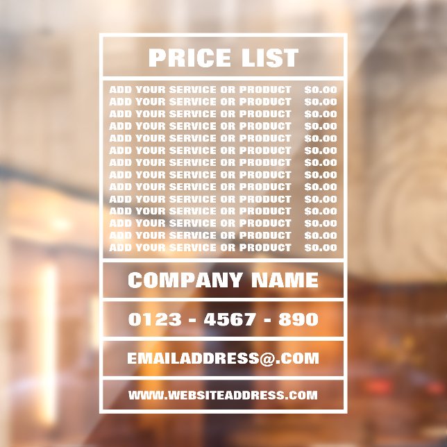 Business Price List and Information Window Cling (Sheet 2)