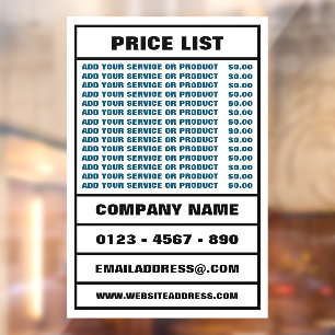 Business Price List and Information Window Cling
