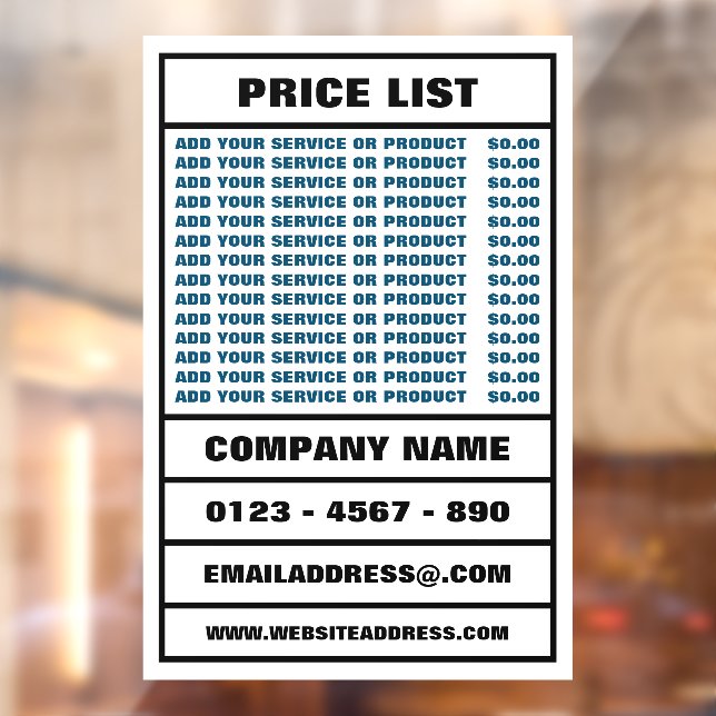 Business Price List and Information Window Cling (Sheet 2)