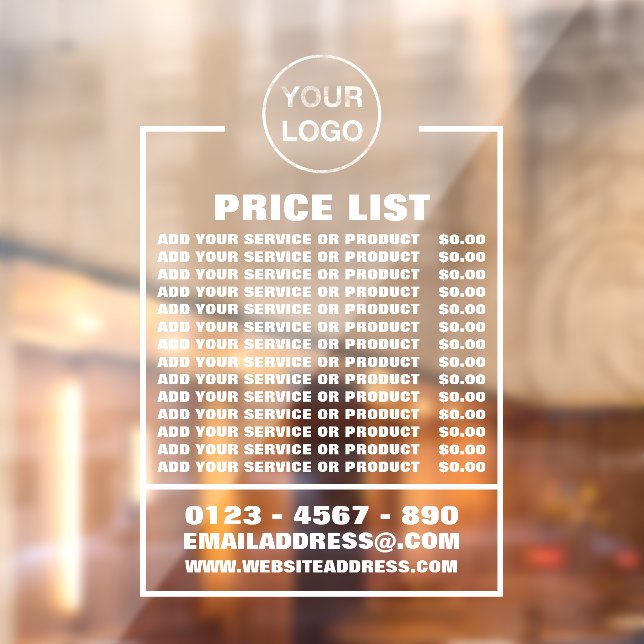 Business Price List, Information and Logo Window Cling (Sheet 2)