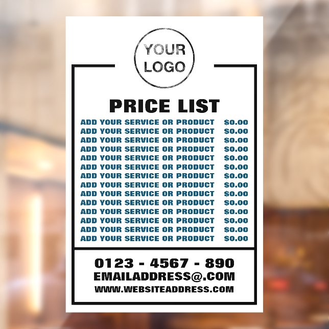 Business Price List, Information and Logo Window Cling (Sheet 2)