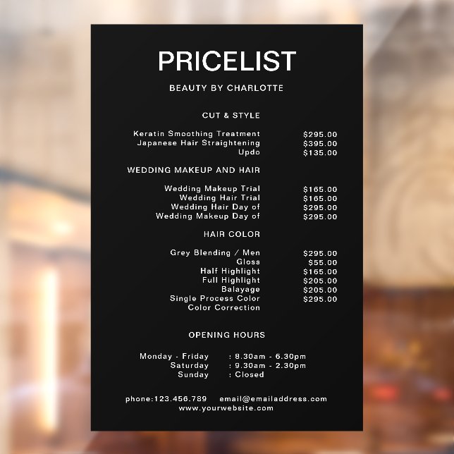 Business Pricelist & Opening Hours Window Cling (Sheet 2)