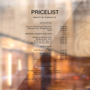 Business Pricelist & Opening Hours Window Cling