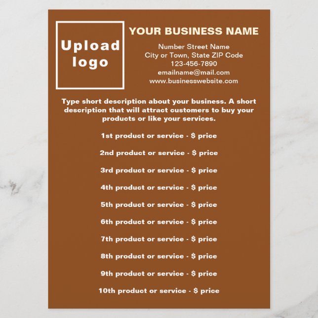Business Products and Prices on Brown Menu Card (Front)