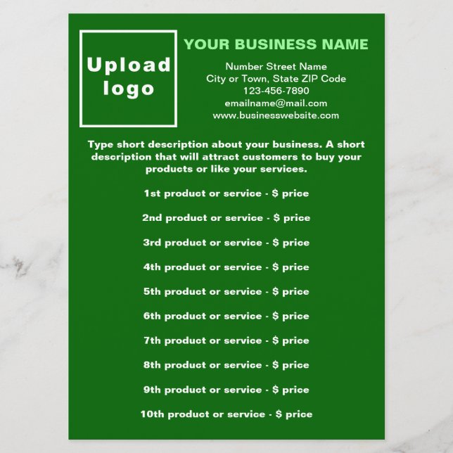 Business Products and Prices on Green Menu Card (Front)