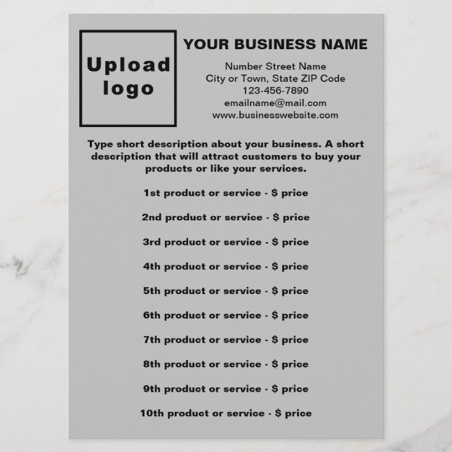 Business Products and Prices on Grey Menu Card (Front)