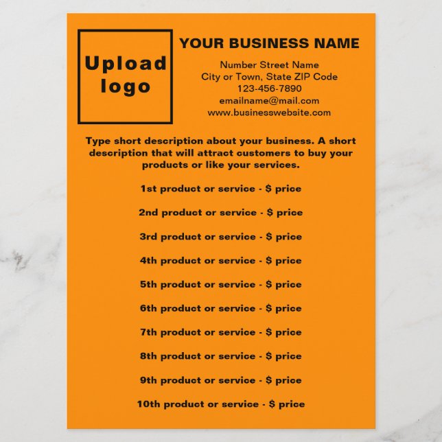Business Products and Prices on Orange Colour Menu (Front)