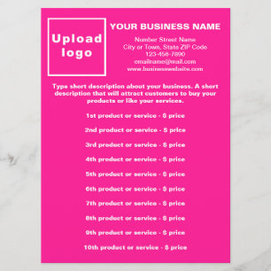 Business Products and Prices on Pink Menu Card
