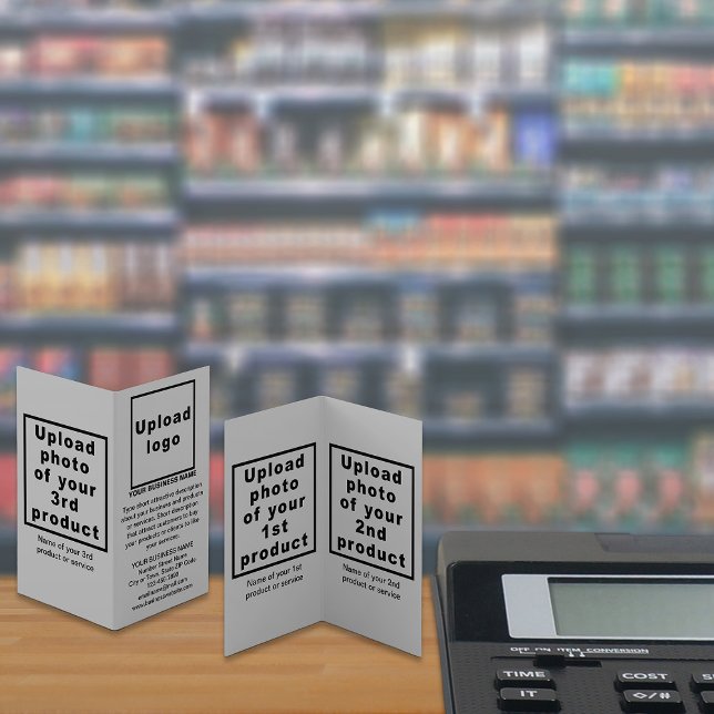 Business Products on Small Grey Folded Card (Your business brand and products or services on small gray folded card displayed in store.)