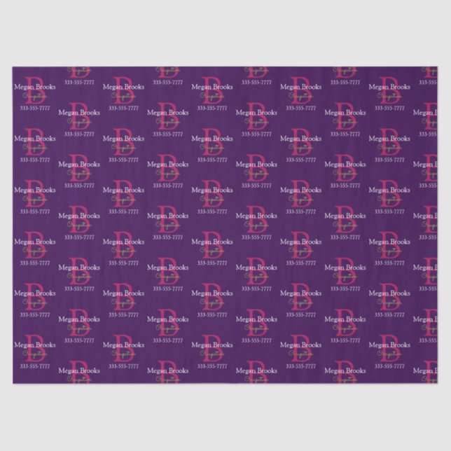 Business Promo, Name, Monogram & Title on Purple Tissue Paper (Front)