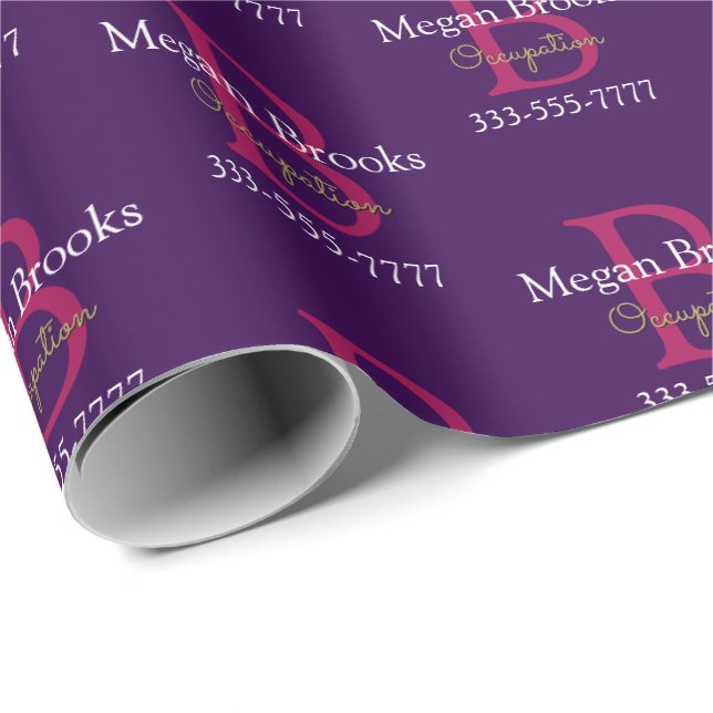 Business Promo, Name, Monogram & Title on Purple Wrapping Paper (Roll Corner)