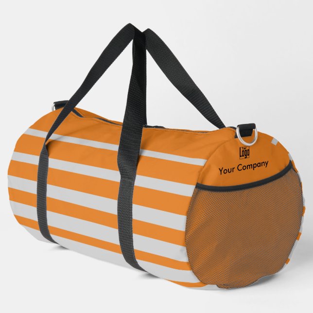 Business Promotion Logo Name Striped Grey Orange Duffle Bag (Right Corner)