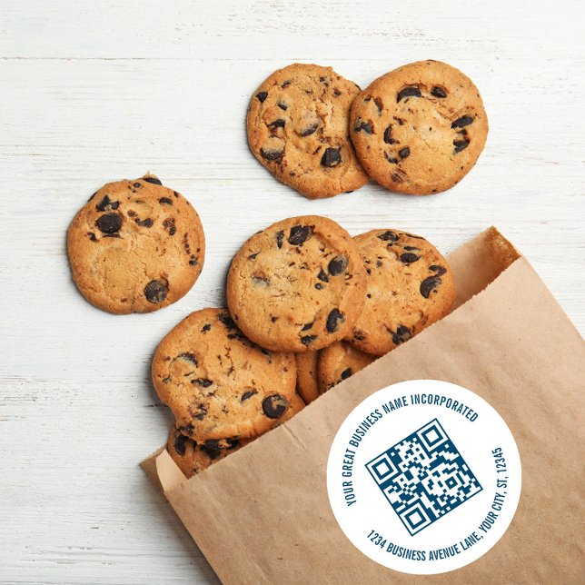 Business Promotional QR Code Blue Classic Round Sticker (Business sticker label with a scannable QR code template. )