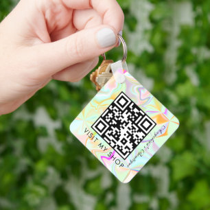 Business QR Code Faux Holographic Monogrammed Key Ring