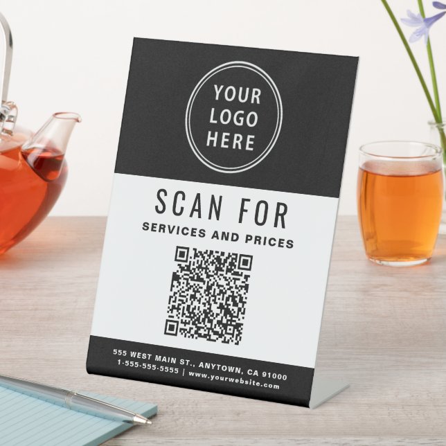 Business QR Code Logo Black White Pedestal Sign (In SItu)