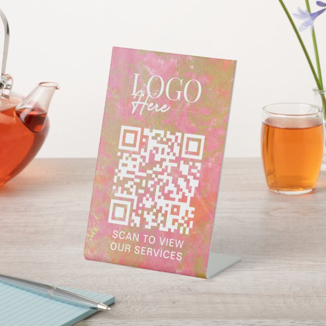 Business QR Code Logo Modern Pink Marble Salon Spa Pedestal Sign (In SItu)