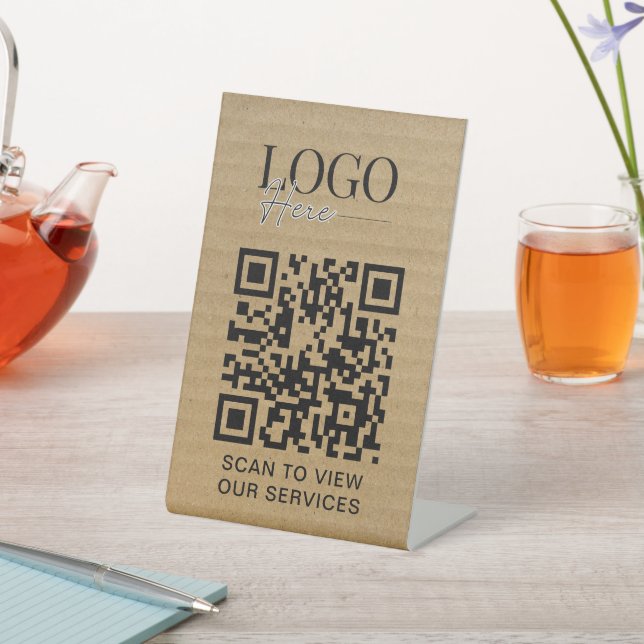 Business QR Code Logo Modern Rustic Kraft Pedestal Sign (In SItu)