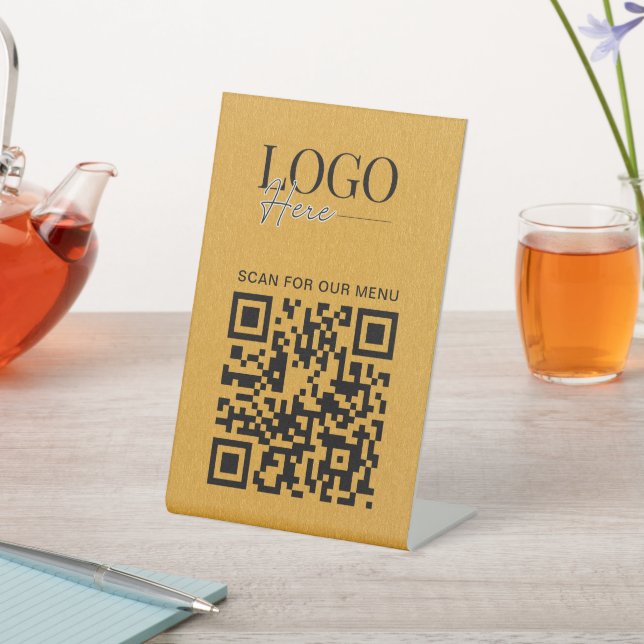 Business QR Code Logo Modern Simple Gold Menu Pedestal Sign (In SItu)