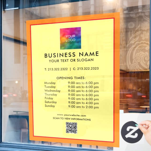 Business QR Code Logo Opening Hours Simple Window Cling (Cafe Window)