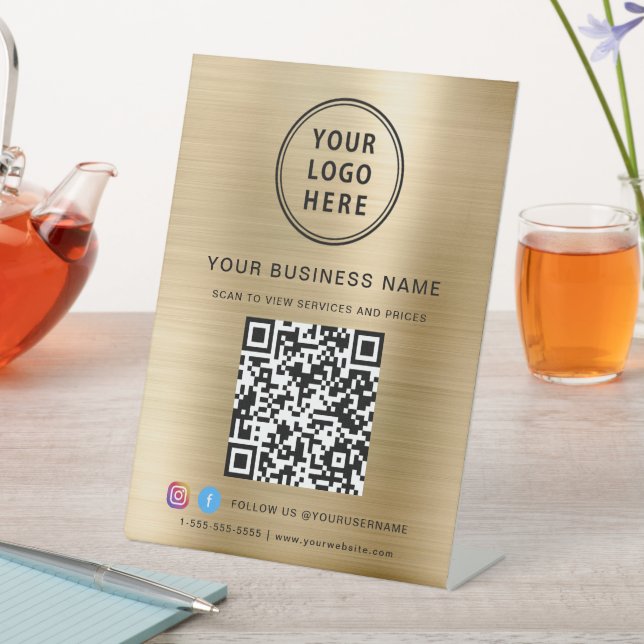 Business QR Code Logo Social Media Gold Pedestal Sign (In SItu)