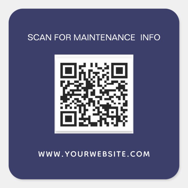 Business qr code maintenance info navy blue white square sticker (Front)