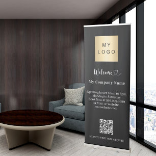 Business qr code opening hours black white welcome retractable banner