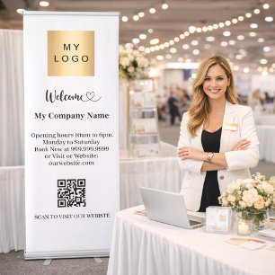 Business qr code opening hours brand colour welcom retractable banner