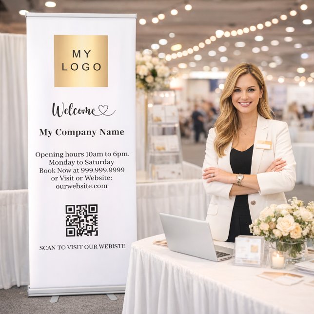 Business qr code opening hours brand colour welcom retractable banner (Creator Uploaded)