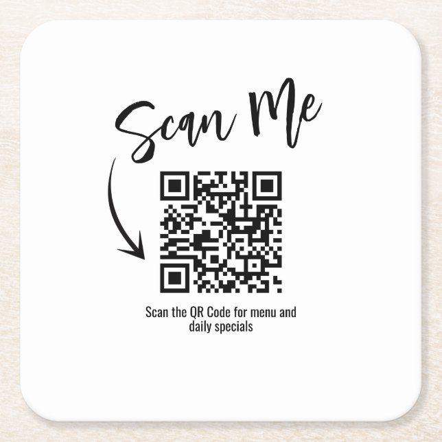 Business QR Code Scan Me Menu Custom Square Paper Coaster (Front)