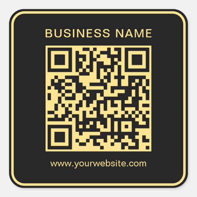 Business QR Code Template Black & Gold Scannable Square Sticker (Front)