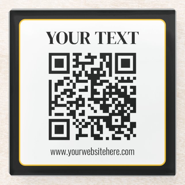 Business QR code w/Top & Bottom Text, Black & Gold Glass Coaster (Front)