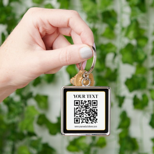 Business QR code w/Top & Bottom Text, Black & Gold Key Ring (Hand)