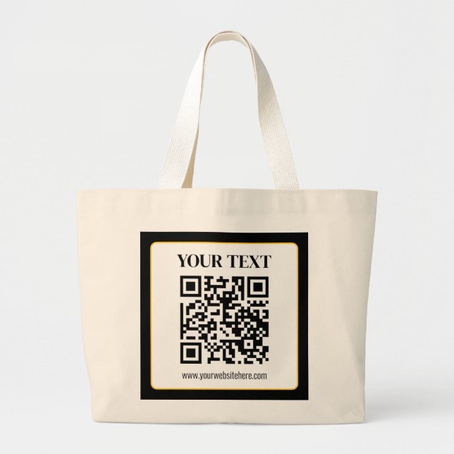 Business QR code w/Top & Bottom Text, Black & Gold Large Tote Bag (Front)