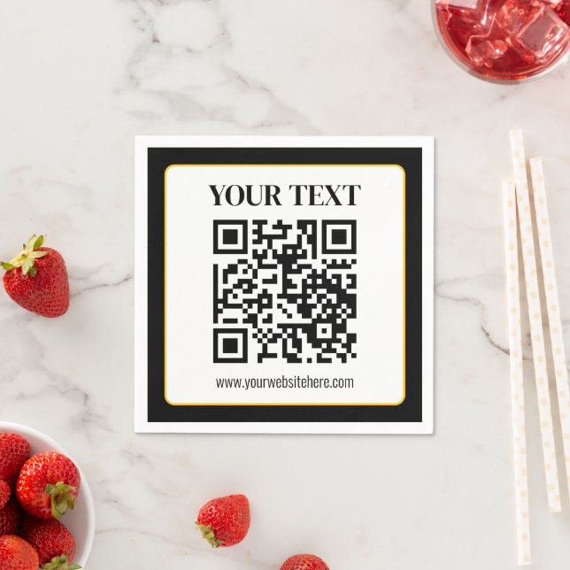 Business QR code w/Top & Bottom Text, Black & Gold Napkin (Insitu)