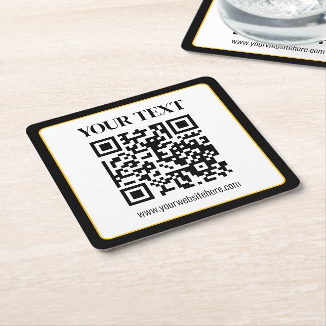 Business QR code w/Top & Bottom Text, Black & Gold Square Paper Coaster (Angled)