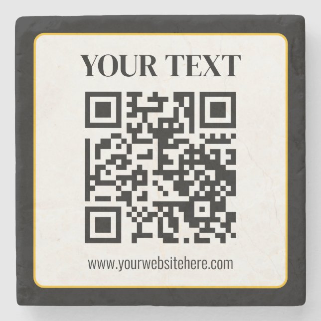Business QR code w/Top & Bottom Text, Black & Gold Stone Coaster (Front)