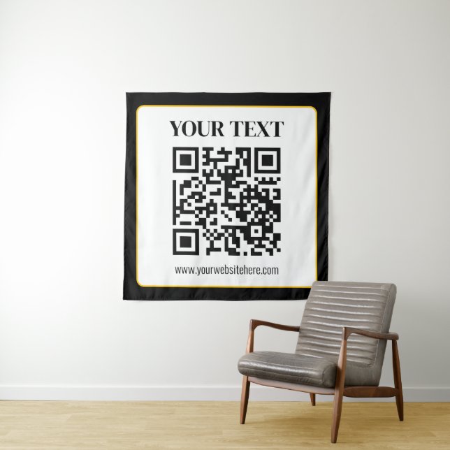 Business QR code w/Top & Bottom Text, Black & Gold Tapestry (In Situ)