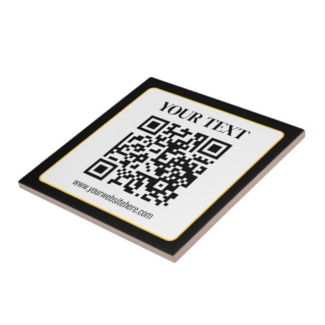 Business QR code w/Top & Bottom Text, Black & Gold Tile (Side)